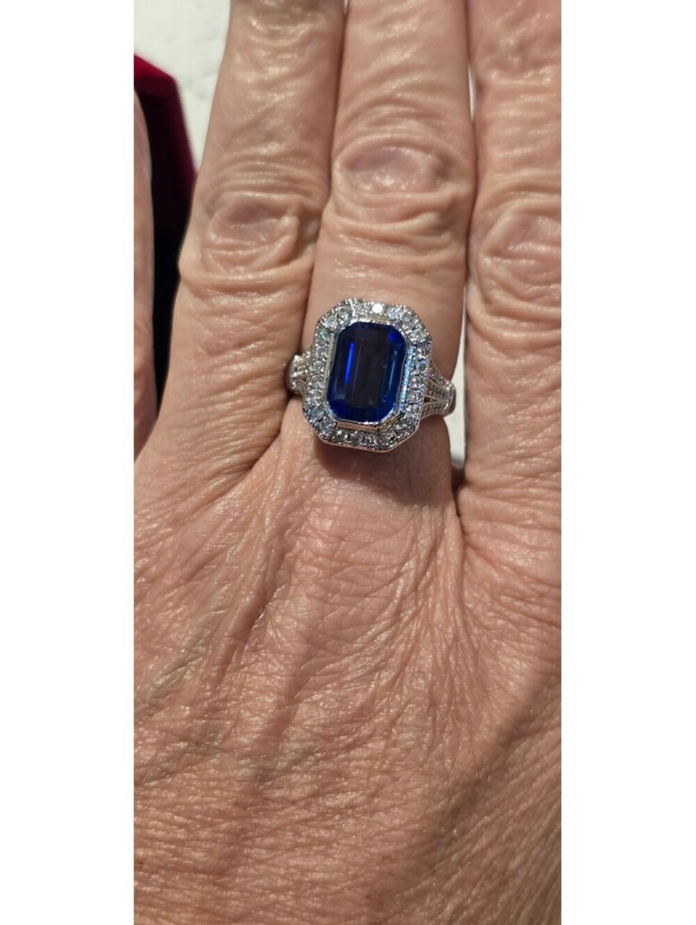 Lab Created Sapphire surrounded by White Sapphire sz 8 set in S925 - Picture 5 of 6